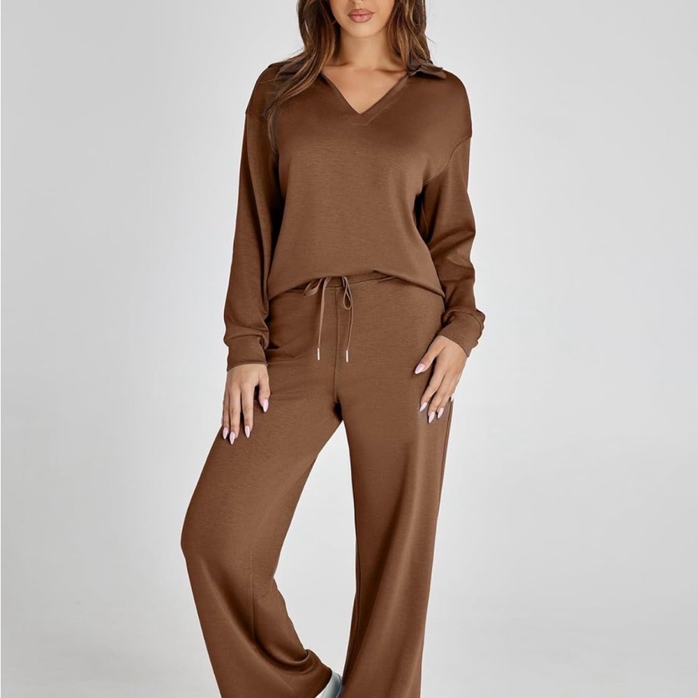 Women's Brown Polo Top & Wide Leg Lounge Athleisure Pants Set